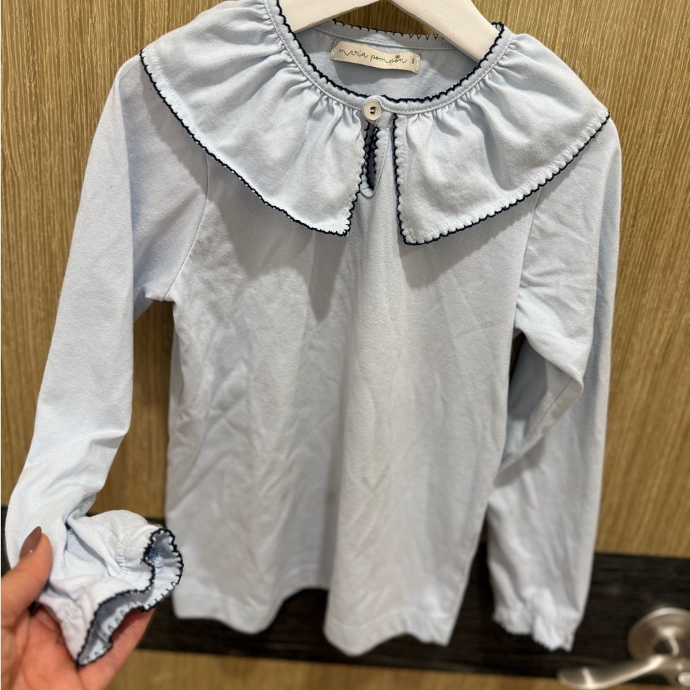 Blue Long Sleeve Tee with Ruffled Collar